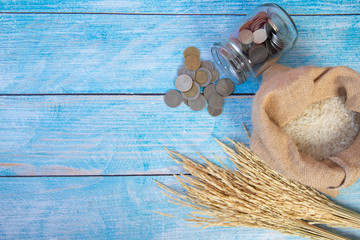 ZAKAT donation for Muslim according to religious principles during the Ramadan month,
concept: rice grain in bow and rosary on wood