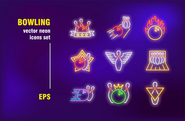 Aufkleber - Bowling collection in neon style. Ball, strike and skittles alley. Vector illustrations for bright billboards. Sport game and entertainment concept