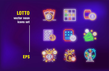 Aufkleber - Casino and lotto set in neon style. Glowing dollars, crown and lottery. Vector illustrations for night bright advertisement. Gambling and casino game concept
