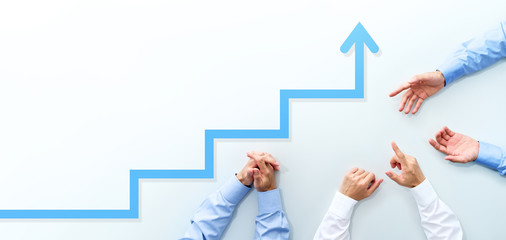 Aufkleber - Business meeting and growth steps. Top view of three men discussing at white table.