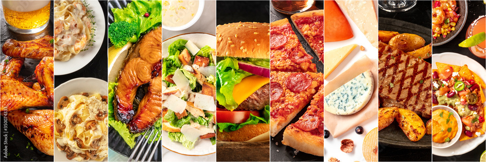 Food collage panorama, design template. Various tasty dishes, including a burger, a pizza, seafood pasta, beef steak. A restaurant menu cover or a groceries shop flyer - obrazy, fototapety, plakaty 