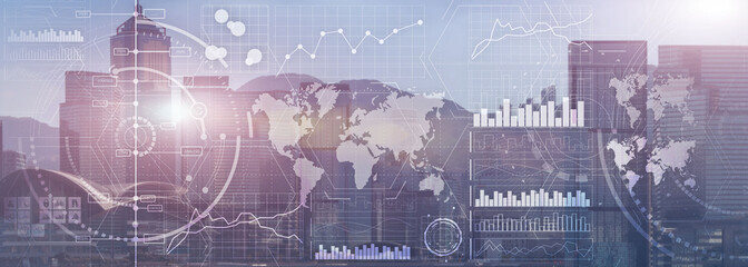 Wall Mural - business intelligence control interface marketing finance management city skyline view website panor