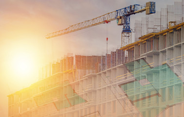 Poster - Multi-storey building construction project. Drawings of a building on the background of a construction site. The crane and the frame of the future house. Apartments in new buildings.