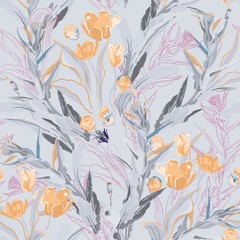  Inflorescences of yellow tulip flowers in dense green thickets of leaves and twigs of grass on a white background. Hand-drawn seamless vector pattern. Square repeating design for fabric and wallpaper