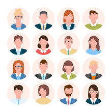 Avatars Head Set. Anonymous User Characters Student Businessman Teenager Worker Female And Male Portrait Different Hairstyles, Tie, With Glasses Without. Vector Color Cartoon.