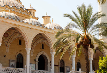 Mosque, minarets and dome. The largest mosque on the Antalya coast.Beautiful  Mediterranean architecture. Sights of the Antalya coast.