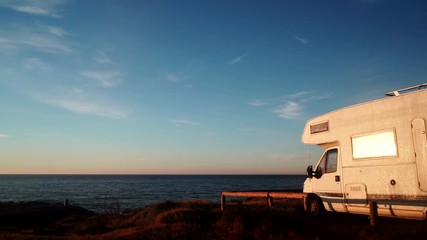 Sticker - Camper car rv camping on beach sea shore at morning, Spain Murcia region, Calblanque park