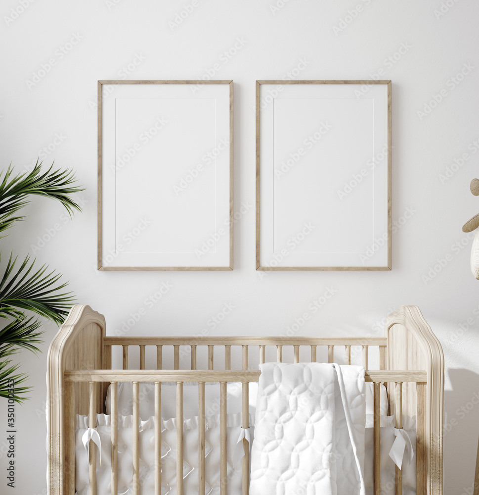 Mock up frame in children room with natural wooden furniture, Farmhouse style interior background, 3D render - obrazy, fototapety, plakaty 