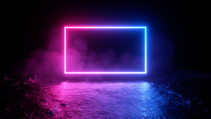 Wall Mural - neon light shapes on black background,rainbow colors, empty space,  80's retro style, fashion show stage, abstract background, 3d rendering,conceptual image.