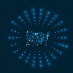 Poster - USA digital map. Glowing rays radiating from the country. Network connections and telecommunication design. Vector illustration.
