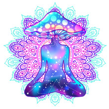 Beautiful Girl Sitting In Lotus Position Over Ornate Colorful Neon Background. Vector Illustration. Psychedelic Mushroom Composition. Buddhism Esoteric Motifs. Tattoo, Spiritual Yoga.