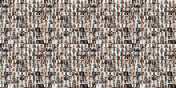 Hundreds of multiracial people crowd portraits headshots collection, collage mosaic. Many lot of multicultural different male and female smiling faces looking at camera. Diversity and society concept.