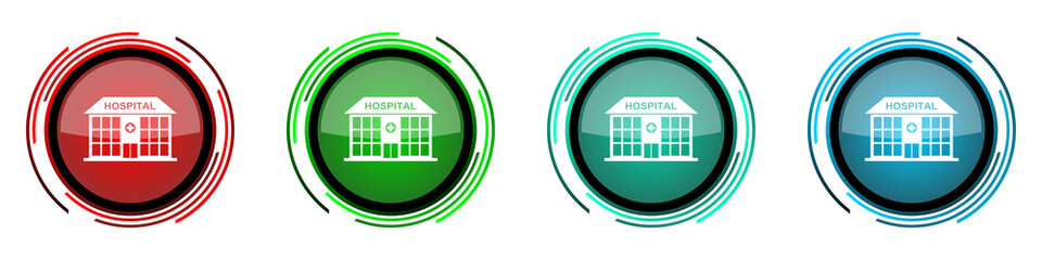 Wall Mural - Hospital building round glossy vector icons, set of buttons for webdesign, internet and mobile phone applications in four colors options isolated on white background