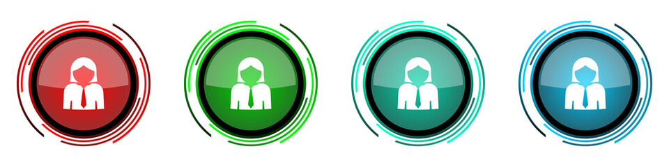 Leinwandbilder - Woman round glossy vector icons, businesswoman, female set of buttons for webdesign, internet and mobile phone applications in four colors options isolated on white background