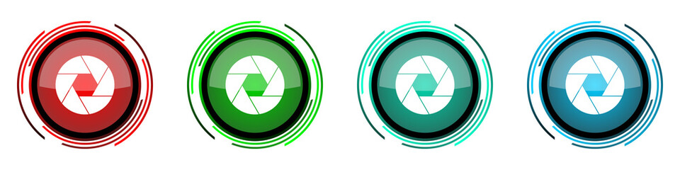 Leinwandbilder - Photo shutter round glossy vector icons, camera, photography set of buttons for webdesign, internet and mobile phone applications in four colors options isolated on white background