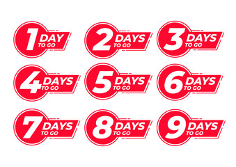 Countdown left days label. count time sale. Nine, eight, seven, six, five, four, three, two, one days left.