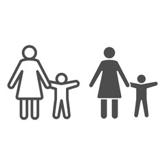 Aufkleber - Mother with child line and solid icon, Children protection symbol , Parent and kid silhouette vector sign on white background, Mom and son icon in outline style for mobile and web. Vector graphics.