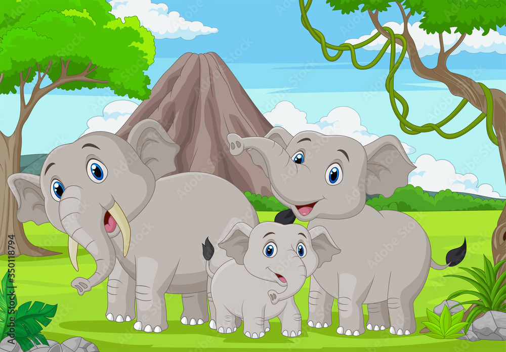 Cartoon elephants family in the jungle - obrazy, fototapety, plakaty 