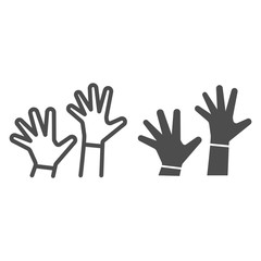 Poster - Children hands up line and solid icon, 1st June children protection day concept, two kids palms in the air sign on white background, raised child hands symbol outline style for mobile and web. Vector.