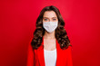 Closeup photo of pretty charming business lady workaholic company seo work in spite of quarantine wear formalwear jacket suit protective mask isolated red background