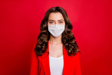 Closeup Photo Of Pretty Charming Business Lady Workaholic Company Seo Work In Spite Of Quarantine Wear Formalwear Jacket Suit Protective Mask Isolated Red Background