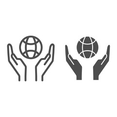 Poster - globe in palms line and solid icon, save earth concept, two hand holding planet sign on white backgr