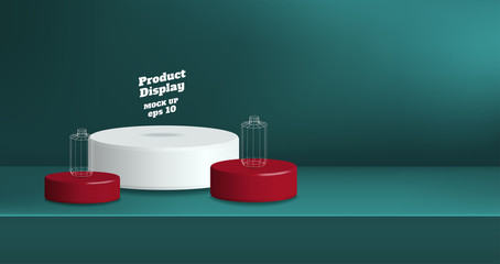 Aufkleber - Vector product display background,Empty dark blue green gradient with white and red studio round kiosk stand on table, banner with copy space for display of product for promotion advertising