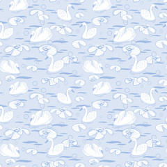 Wall Mural - White and pastel purple vector illustration with swans seamless pattern