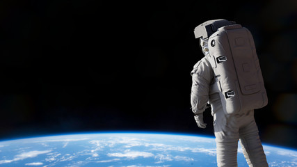 Wall Mural - astronaut presenting an empty space in front of planet Earth