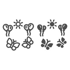 Poster - Sun and balloons with butterflies line and solid icon, 1st June children day celebration concept, summer holidays in childhood sign on white background, Sunny day, two butterfly and balloon symbol.