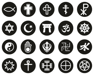 Wall Mural - Religion Symbols Icons White On Black Flat Design Circle Set Big