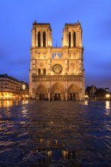 Wall Mural - Beautiful cityscape view of the Notre-Dame Cathedral in Paris, France, on a rainy spring evening with reflection in the blue hour