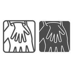 Poster - Child palm in adult hand line and solid icon, Children protection symbol , Two hands silhouette vector sign on white background, Parent and kid hands icon in outline style for mobile concept.