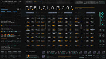 Poster - Futuristic hi-tech graphic user interface head up display with digital code and data info graphic telemetry information display for desktop screen background