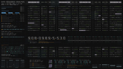 Poster - Futuristic hi-tech graphic user interface head up display with digital code and data info graphic telemetry information display for desktop screen background
