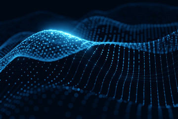 Aufkleber - Moving neon blue wireframe pattern forming a digital network connection on dark background