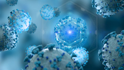 Poster - Microscopic close-up of the covid-19 disease. Coronavirus illness spreading in body cell. 2019-nCoV analysis on microscope level 3D rendering