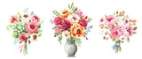 Fototapeta Boho - Watercolor bouquets set. Flowers, leaves, vase. Isolated