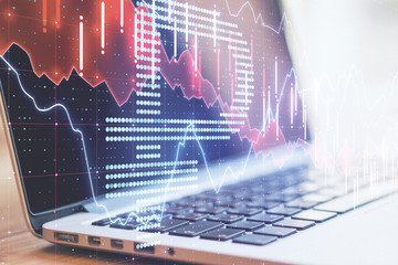 Poster - Workplace with laptop, ruble symbol and forex chart.