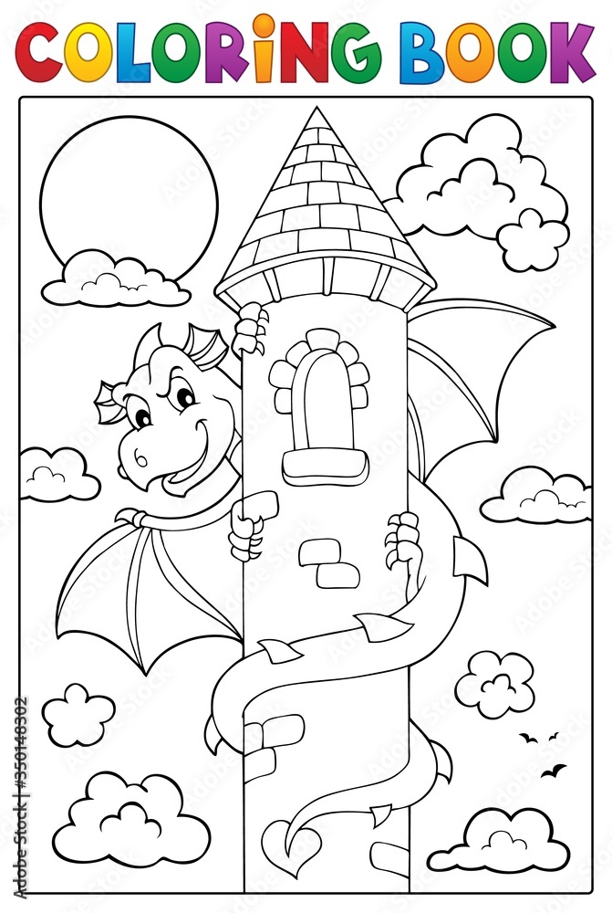 Coloring book dragon on tower image 1 - obrazy, fototapety, plakaty 