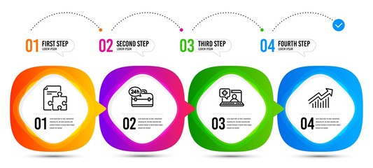 Poster - Demand curve, Medical help and 24h service line icons set. Timeline steps. Strategy sign. Statistical report, Medicine laptop, Support. Puzzle. Technology set. Vector