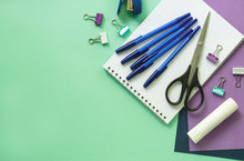 Various Office Stationery On A Mint Background