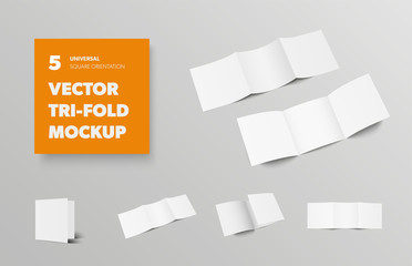 Poster - Mockup of vector square tri-fold, blank open and closed booklets, with realistic shadows, for design presentation.