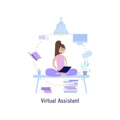 Wall Mural - Illustration depicting a woman wearing headphones working at home on a laptop in lotus position.