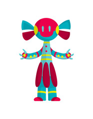 Aufkleber - Funny cartoon robot. Cute retro robot. Robotic for children. Friendly android robot character with arms. Toy character future artificial robotics machine cyborg vector illustration