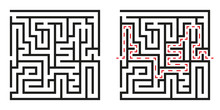 Black Square Vector Maze And Solution Isolated On White Background. Black Labyrinth With Three Entrances. Vector Maze Icon. Labyrinth Symbol. Kids Puzzle With Solution