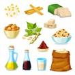 Soy bean food product vector set with legume soybeans, tofu and tempeh, oil, sauce and milk. Vegetarian soya meat skin, flour bag and noodle bowl, miso paste, meatball and sprouted soy beans with pods