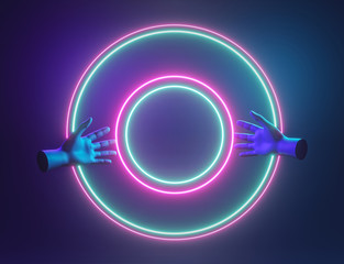 Poster - colorful abstract minimal neon background. hands with glowing round rings. fashion concept. 3d rendering
