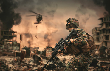 Military troops and helicopter in the battlefield 