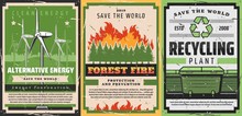 Environment, Garbage Recycling, Fire Fighting And Clean Energy. Vector Windmills Alternative Energy, Burning Forest And Waste Bin For Litter Segregation. Nature Ecology Conservation Retro Posters Set